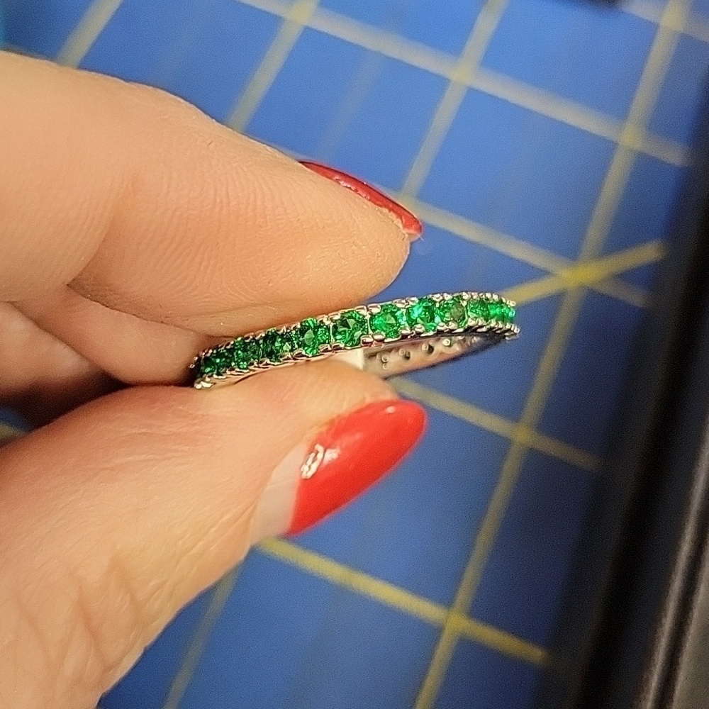 Emerald Rhinestone Silver Tone Ring Size 10